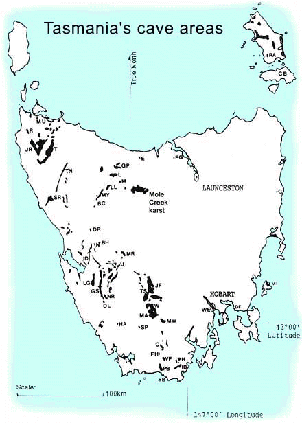 Map of Tasmania showing Mole Creek's cave area